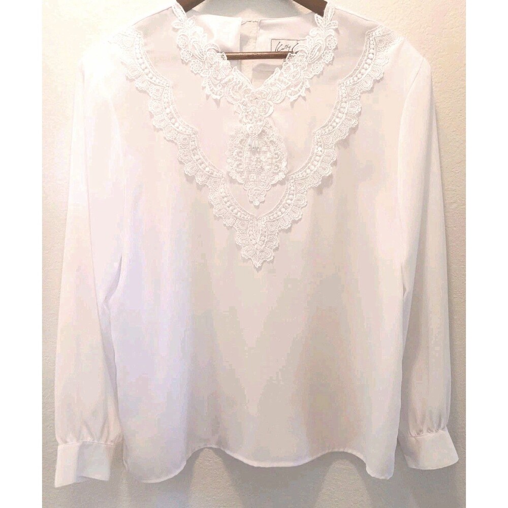 Vtg Cathy Lee White Lace Beaded Blouse Women's Size 14 Long Sleeve Made In USA